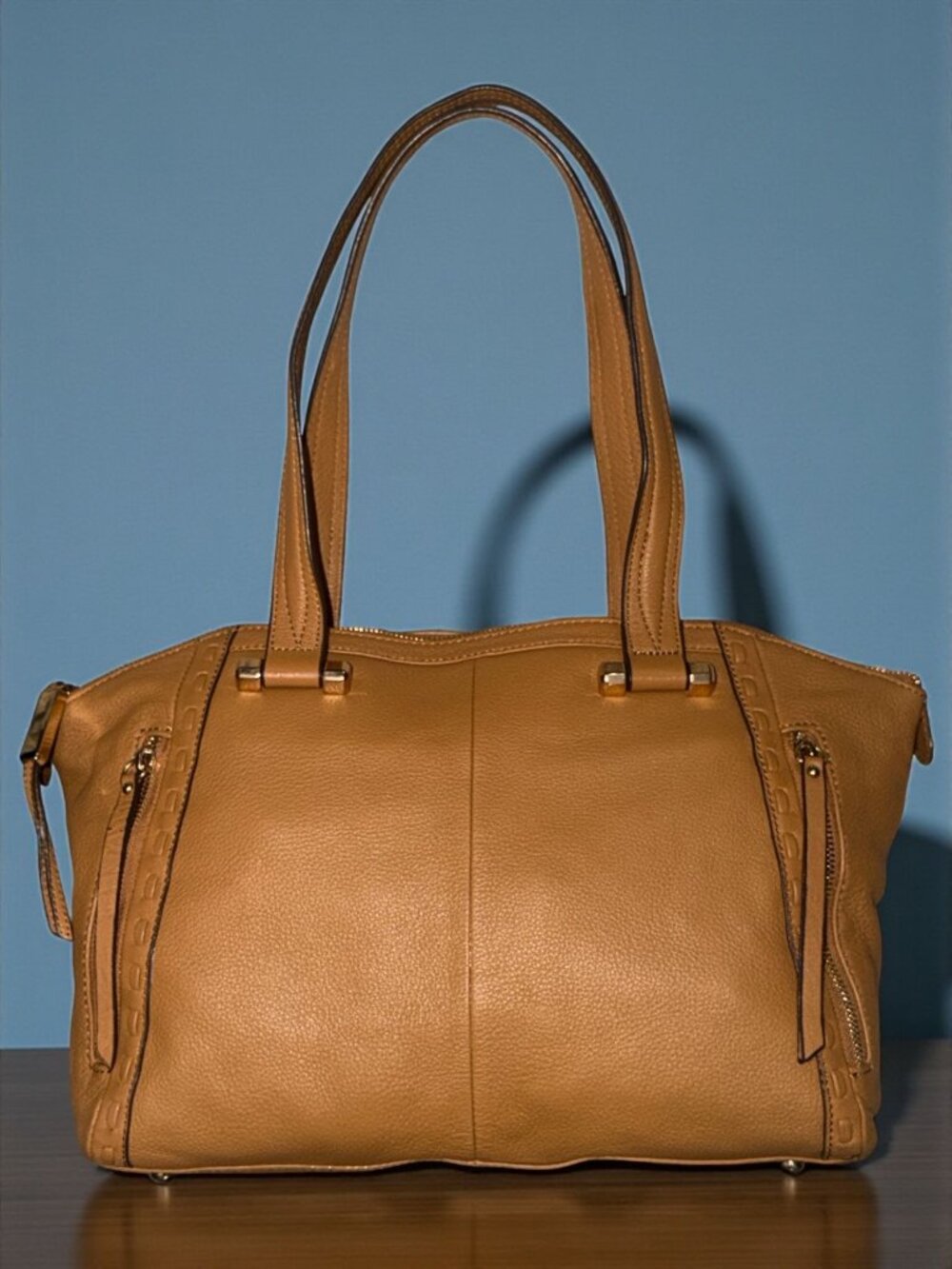 B Makowsky Shoulder Satchel Tan Pebbled Leather Brass Whipstitch Front Zip Bag